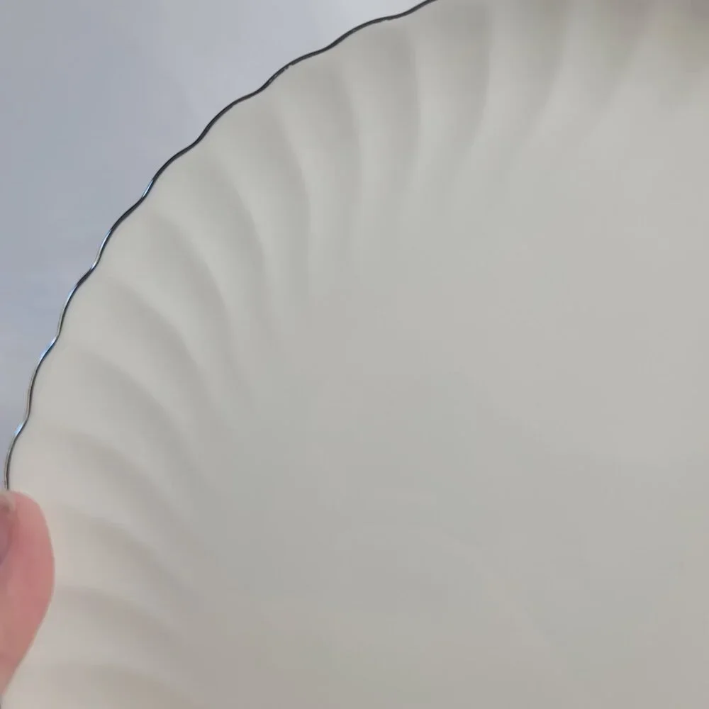 Syracuse China Wedding Ring Dinner Plate White with Platinum Trim Swirled Edge